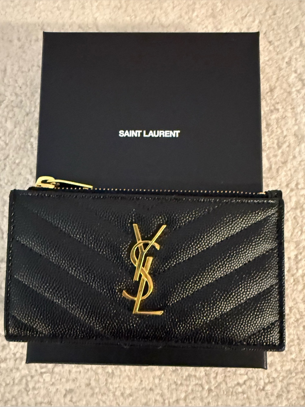 YSL Cassandre Zipped Card Case in Grained Leather